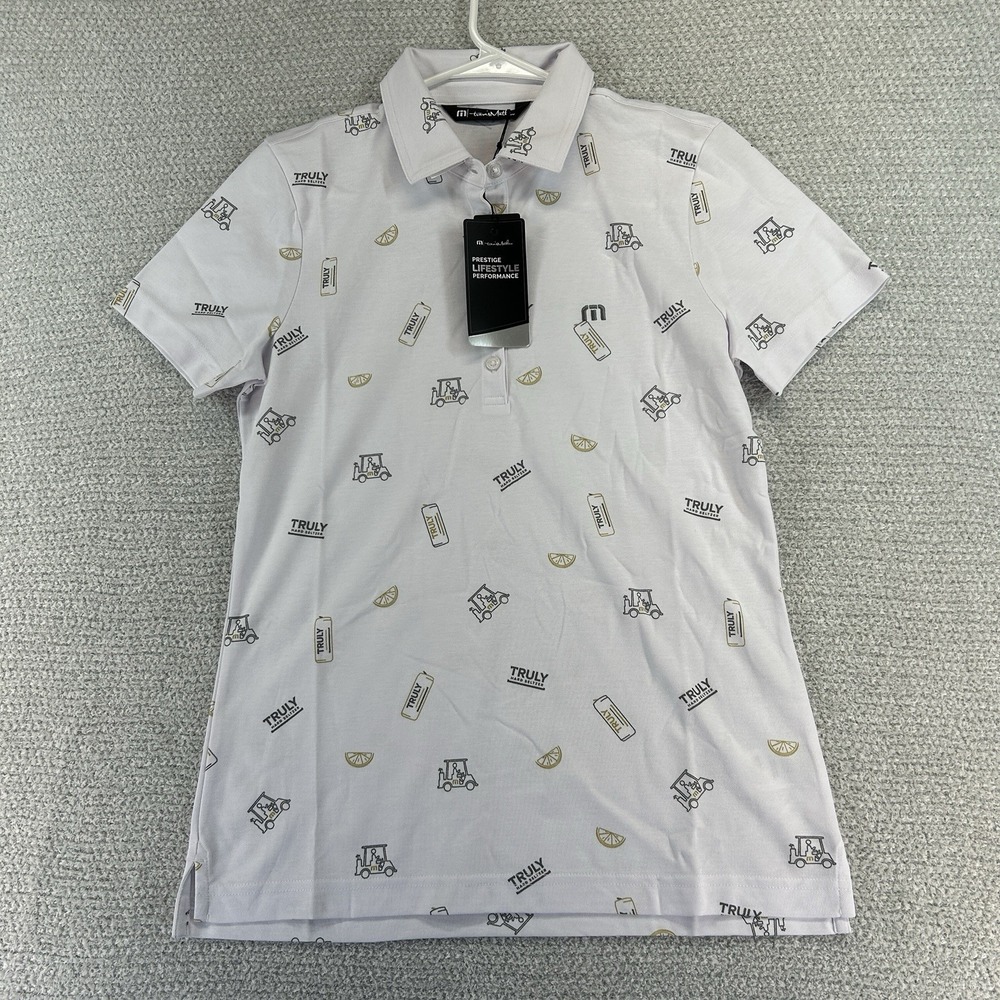 Travis Mathew Golf Polo Shirt Womens Small White Truth Or Dare Truly Seltzer